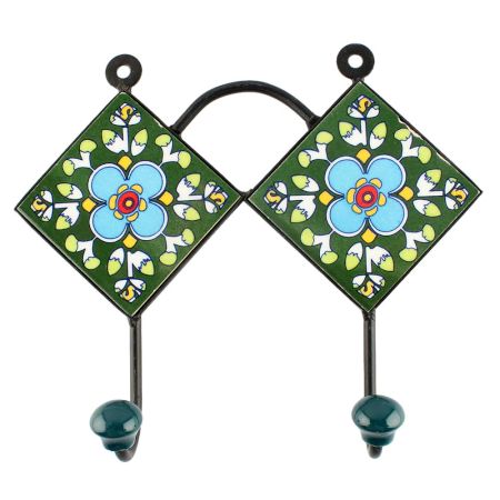 Turquoise Floral Ceramic Tile Wall Hook